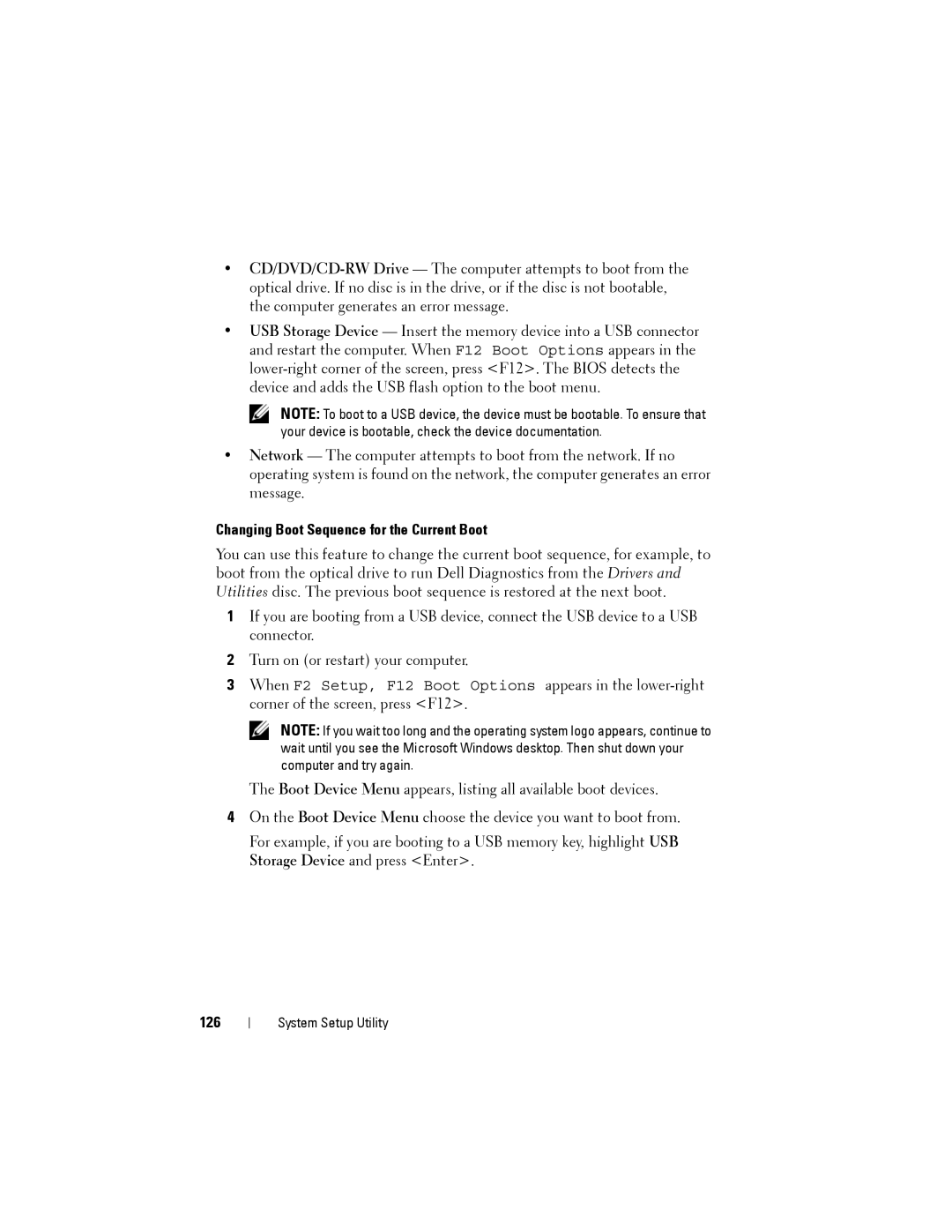 Dell XPS 8500 manual Changing Boot Sequence for the Current Boot, 126 