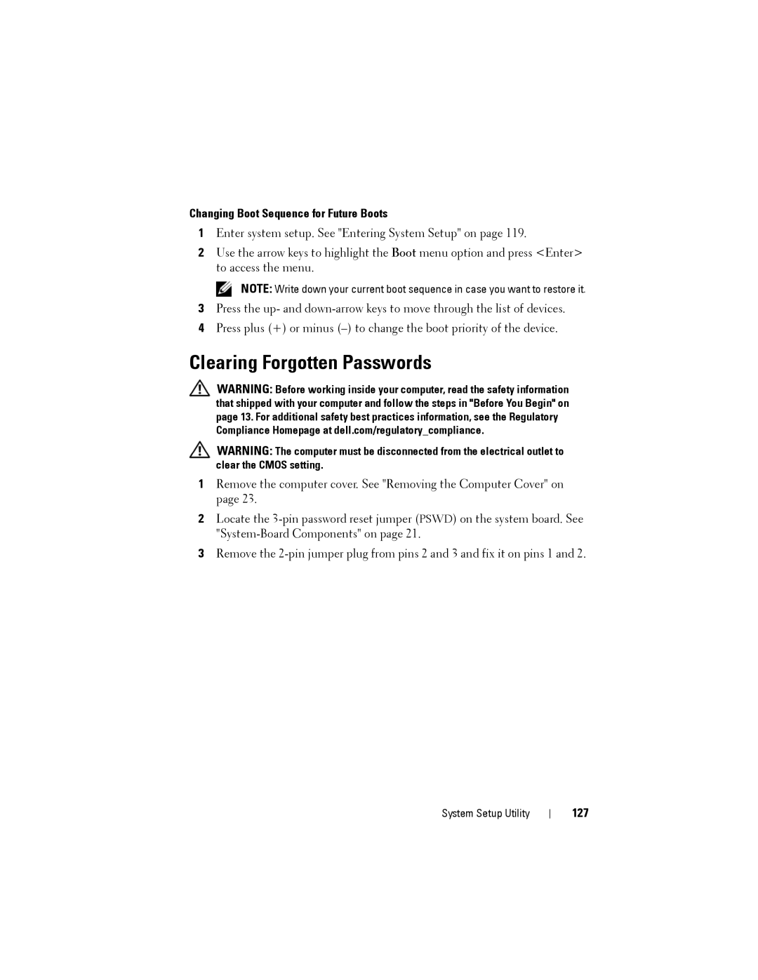 Dell XPS 8500 manual Clearing Forgotten Passwords, Changing Boot Sequence for Future Boots, 127 