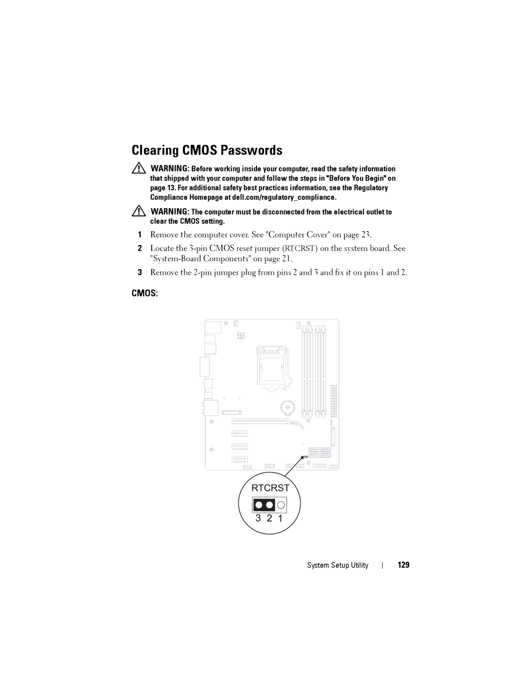 Dell XPS 8500 manual Clearing Cmos Passwords, 129 