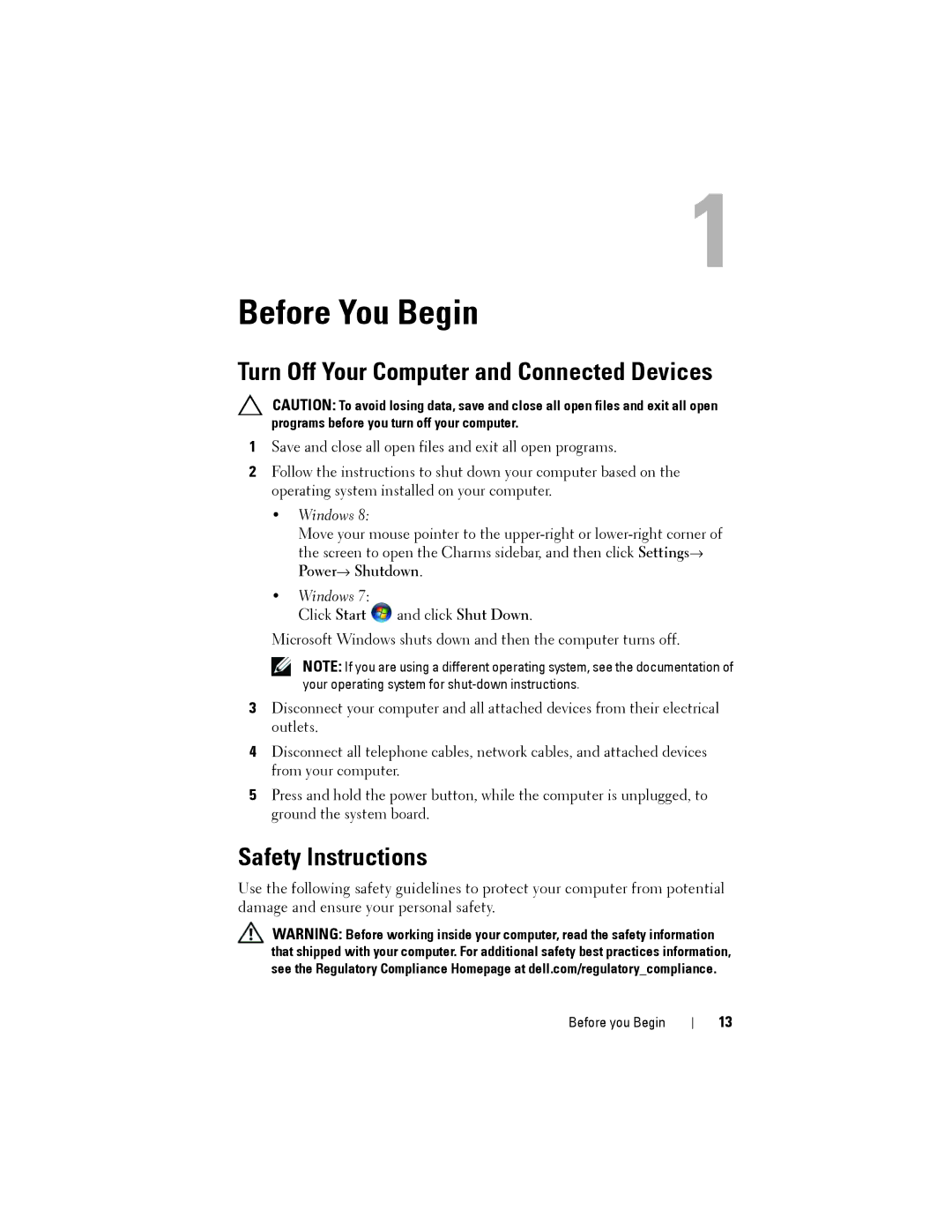 Dell XPS 8500 manual Before You Begin, Safety Instructions 