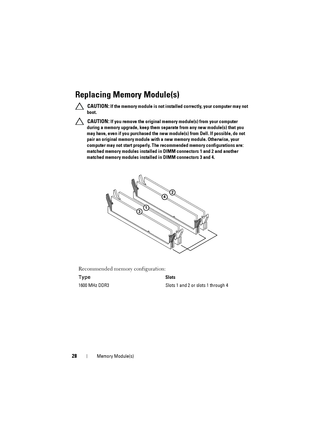 Dell XPS 8500 manual Replacing Memory Modules, Type 