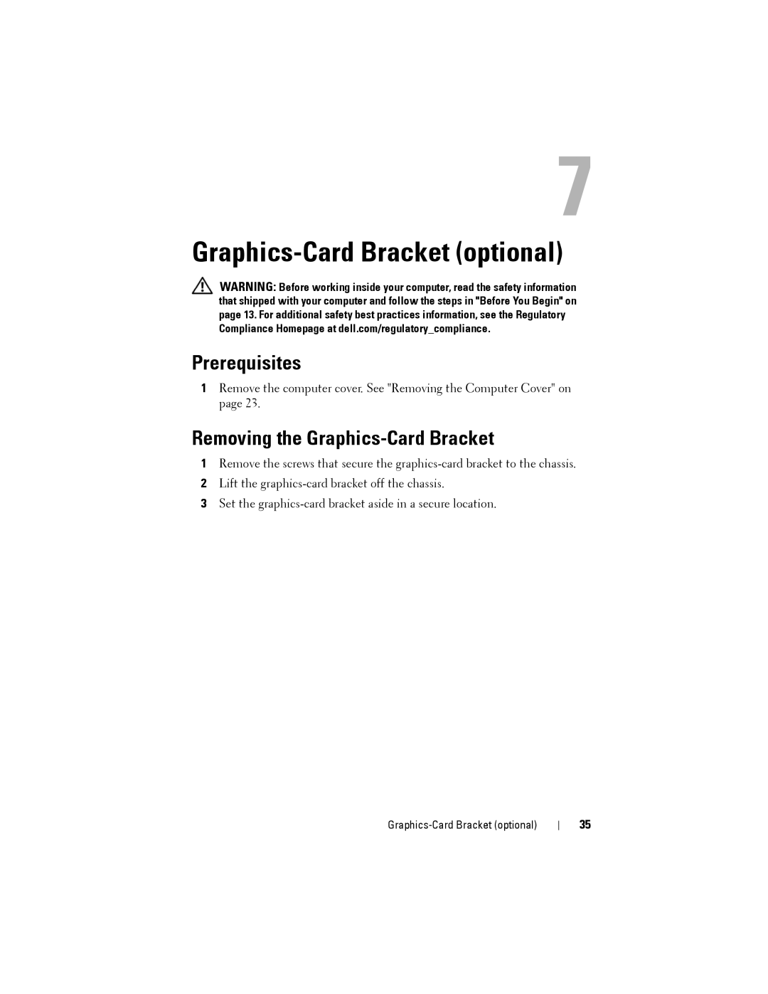 Dell XPS 8500 manual Graphics-Card Bracket optional, Removing the Graphics-Card Bracket 