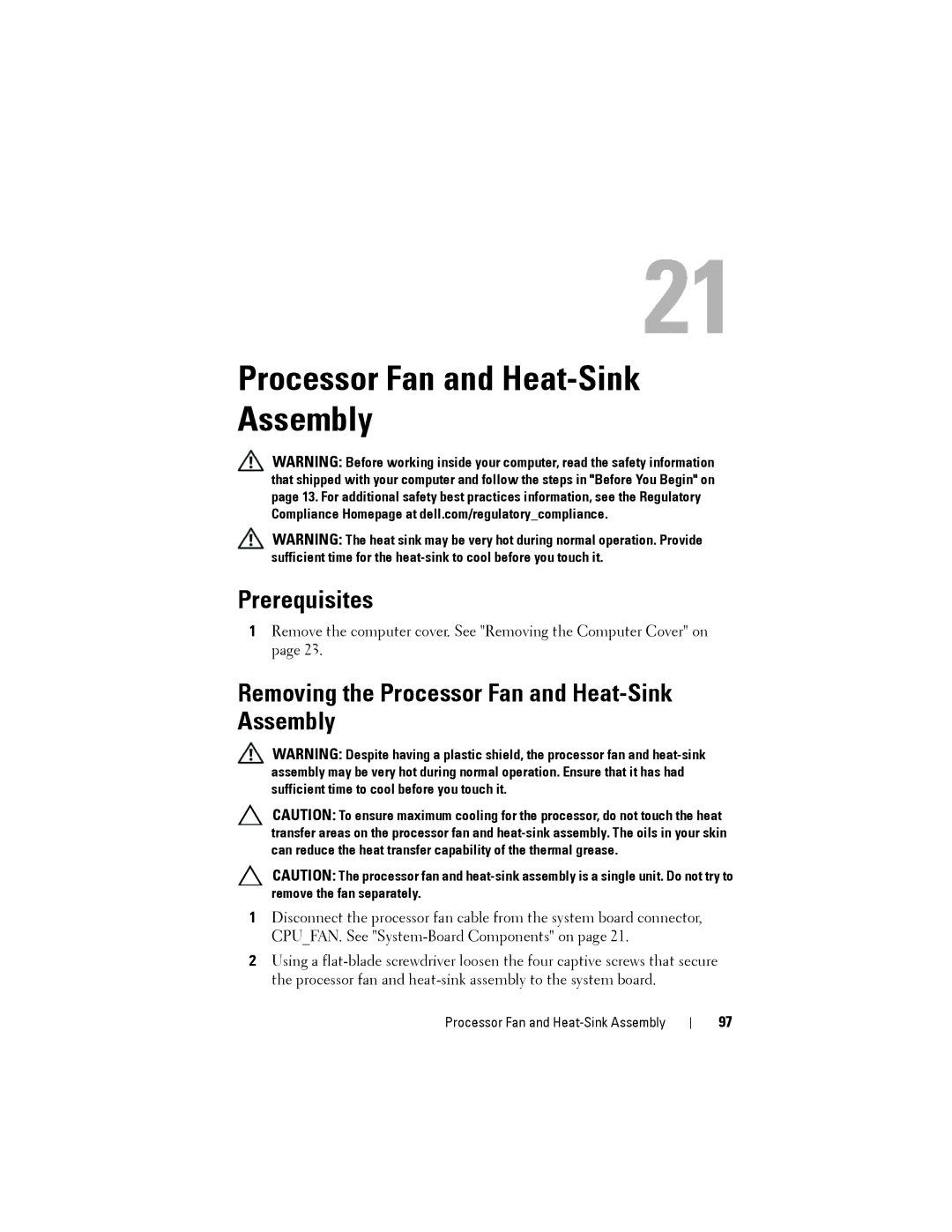 Dell XPS 8500 manual Removing the Processor Fan and Heat-Sink Assembly 