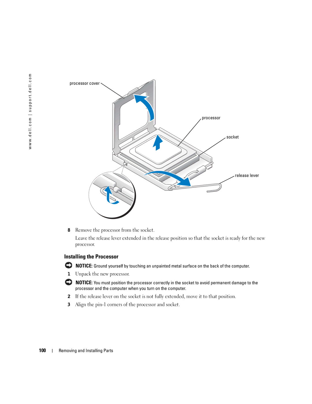 Dell XPS GEN 3 manual Installing the Processor, 100, Processor cover Socket Release lever 