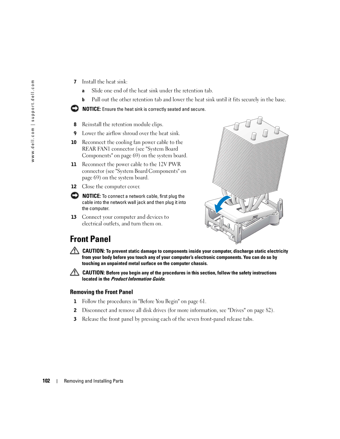 Dell XPS GEN 3 manual Removing the Front Panel, 102 