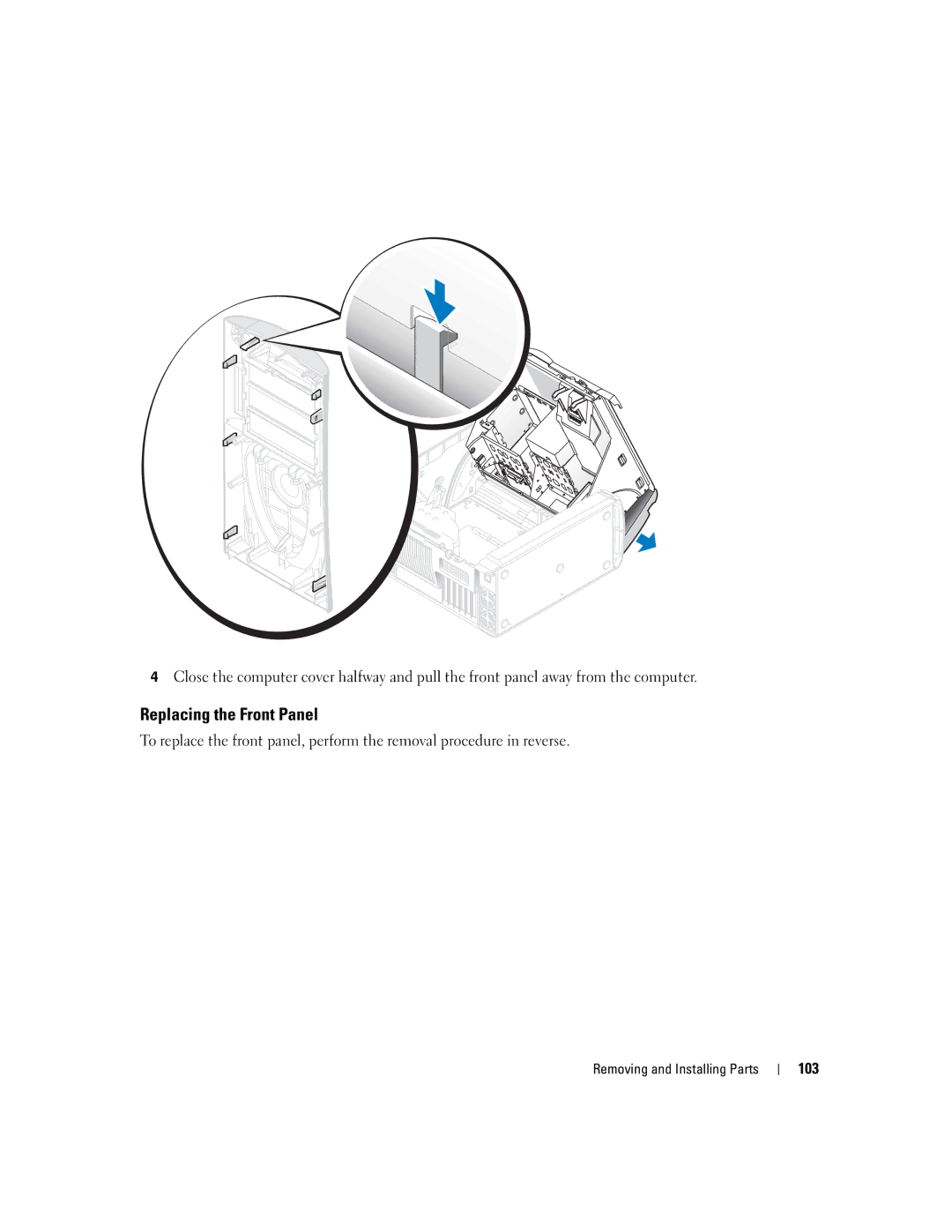 Dell XPS GEN 3 manual Replacing the Front Panel, 103 