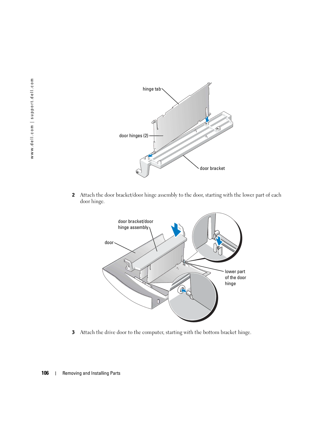 Dell XPS GEN 3 manual 106, Hinge tab Door hinges Door bracket 