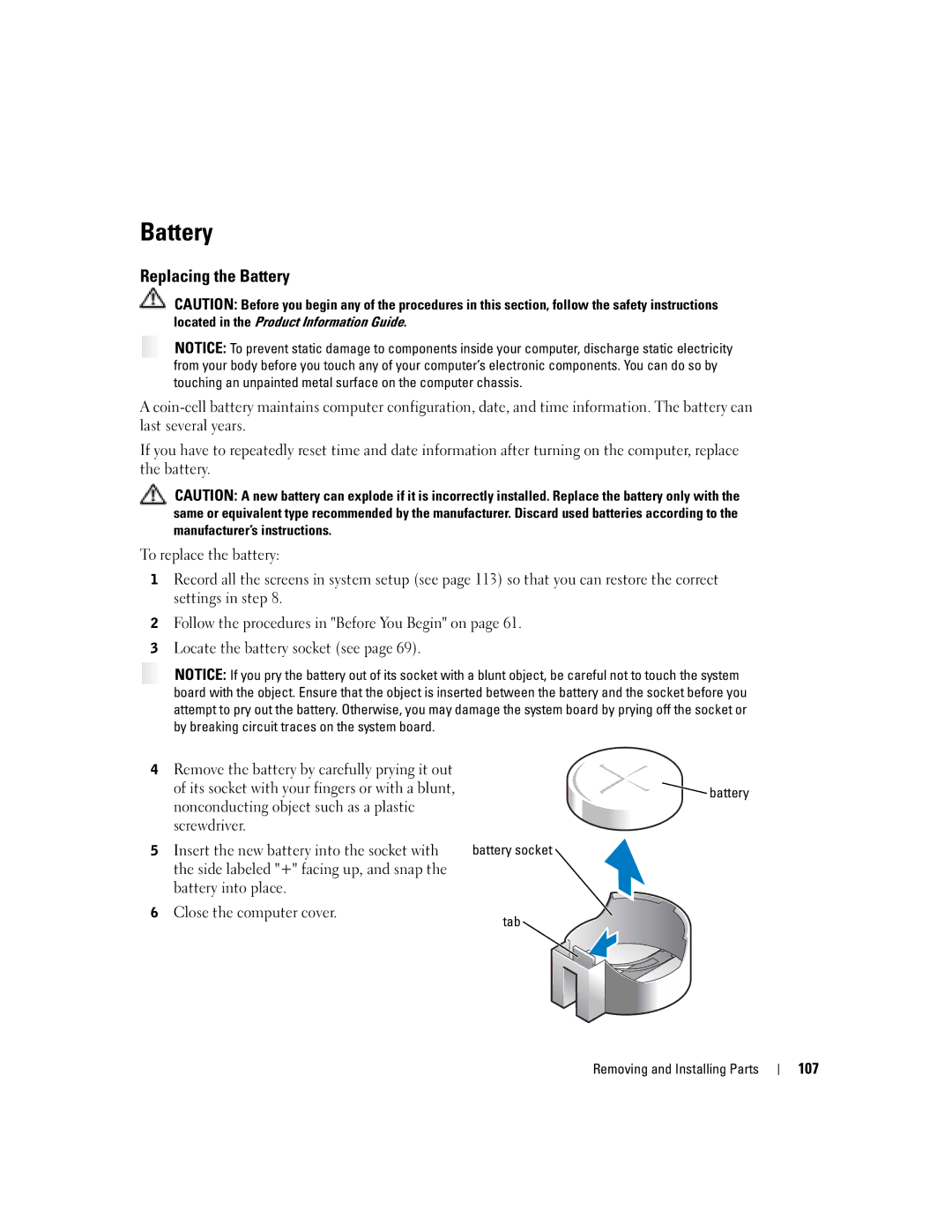 Dell XPS GEN 3 manual Replacing the Battery, 107 