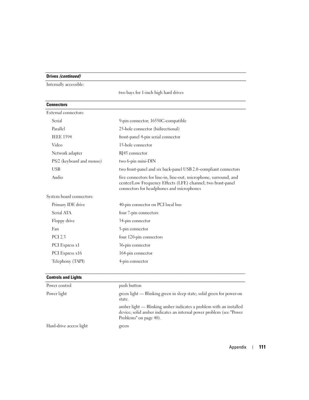 Dell XPS GEN 3 manual 111, Connectors, Center/Low Frequency Effects LFE channel two front-panel, Controls and Lights 