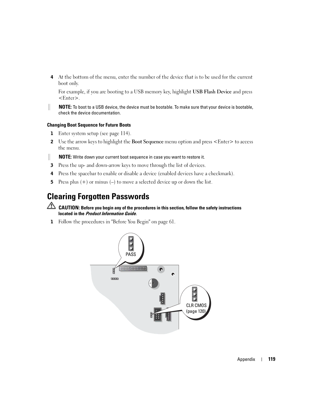 Dell XPS GEN 3 manual Clearing Forgotten Passwords, Changing Boot Sequence for Future Boots, 119 