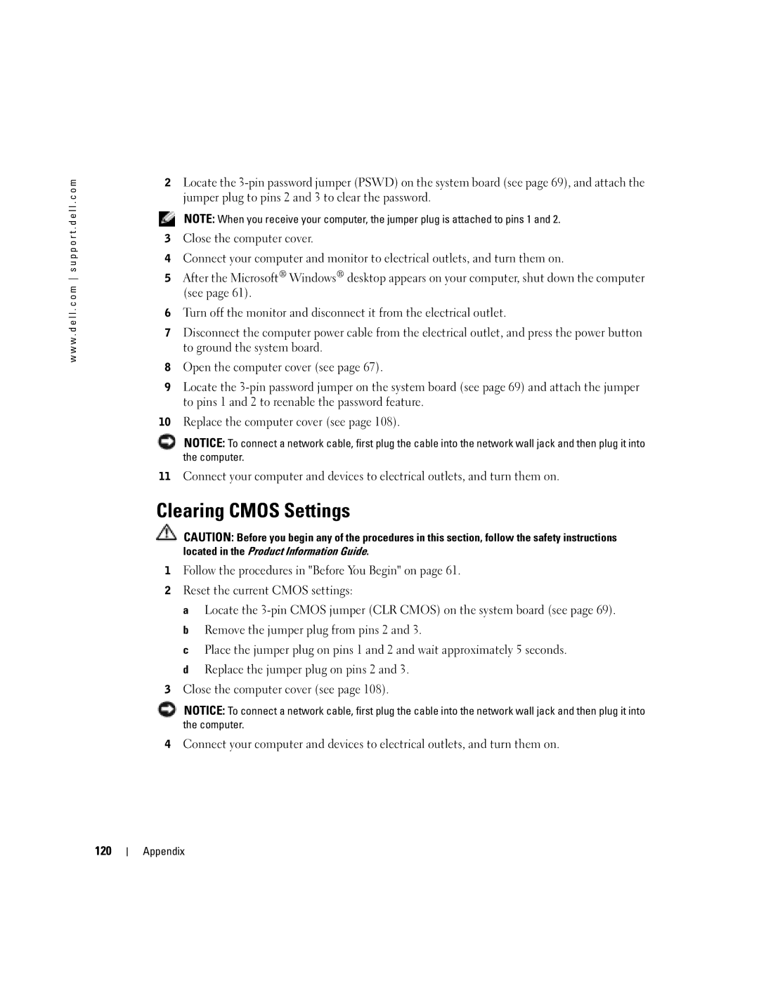 Dell XPS GEN 3 manual Clearing Cmos Settings, 120 