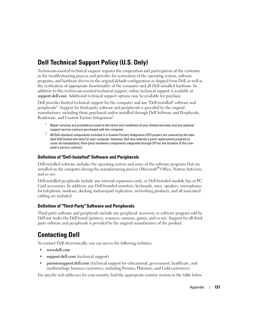 Dell XPS GEN 3 manual Dell Technical Support Policy U.S. Only, Contacting Dell, 121 