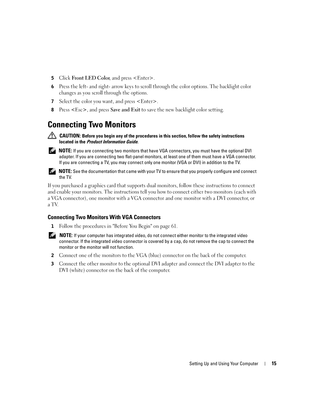 Dell XPS GEN 3 manual Connecting Two Monitors With VGA Connectors 