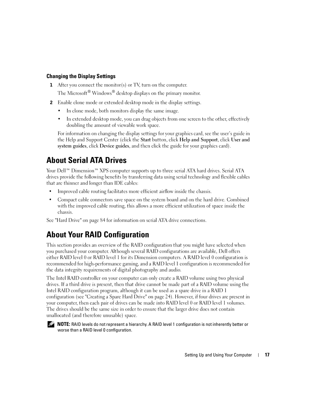 Dell XPS GEN 3 manual About Serial ATA Drives, About Your RAID Configuration, Changing the Display Settings 