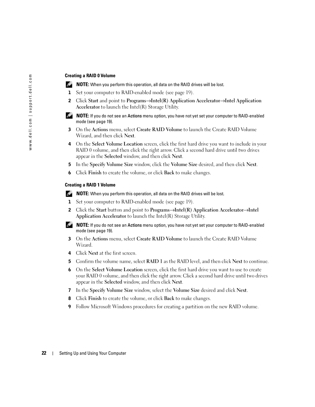 Dell XPS GEN 3 manual Creating a RAID 0 Volume, Creating a RAID 1 Volume 