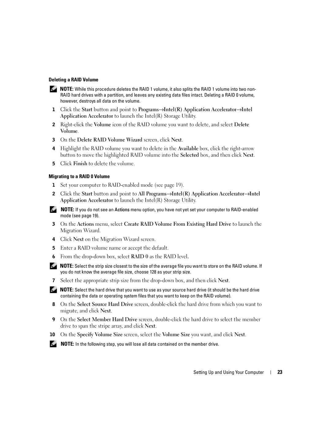 Dell XPS GEN 3 manual On the Delete RAID Volume Wizard screen, click Next, Migrating to a RAID 0 Volume 