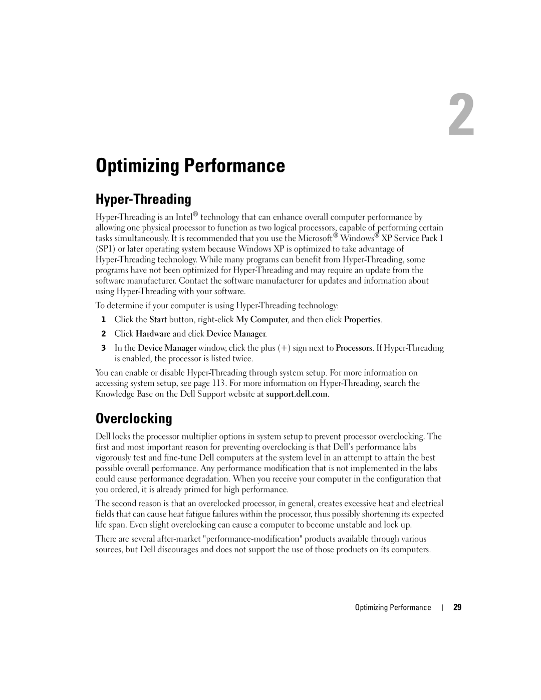 Dell XPS GEN 3 manual Hyper-Threading, Overclocking, Click Hardware and click Device Manager, Optimizing Performance 