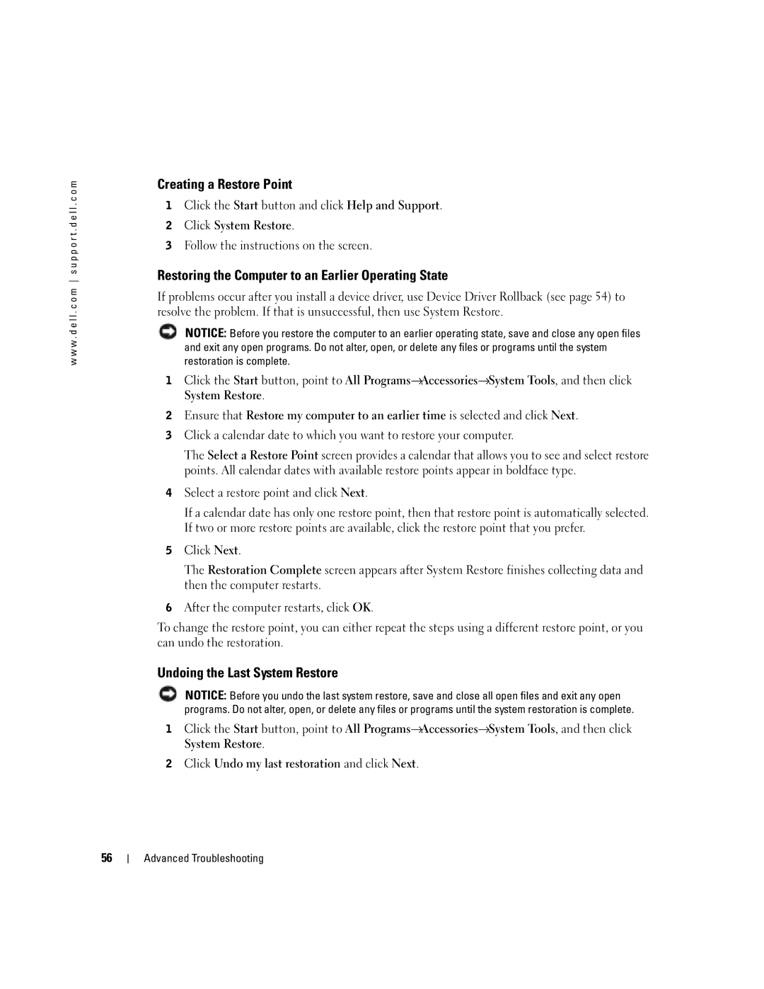 Dell XPS GEN 3 manual Creating a Restore Point, Restoring the Computer to an Earlier Operating State 