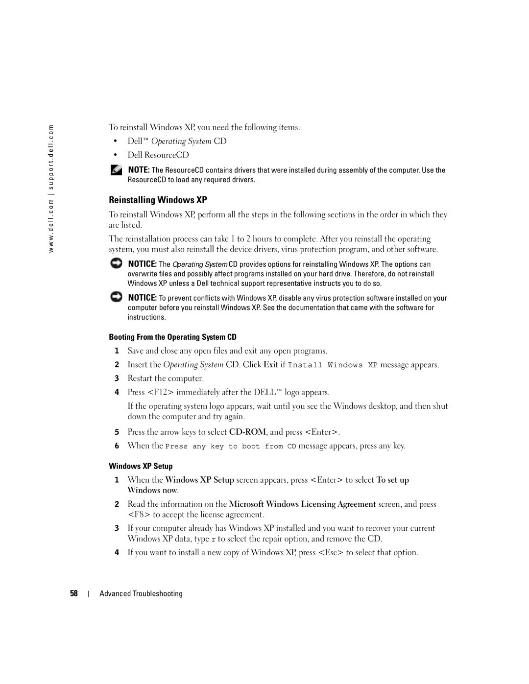 Dell XPS GEN 3 manual Reinstalling Windows XP, Booting From the Operating System CD, Windows XP Setup 