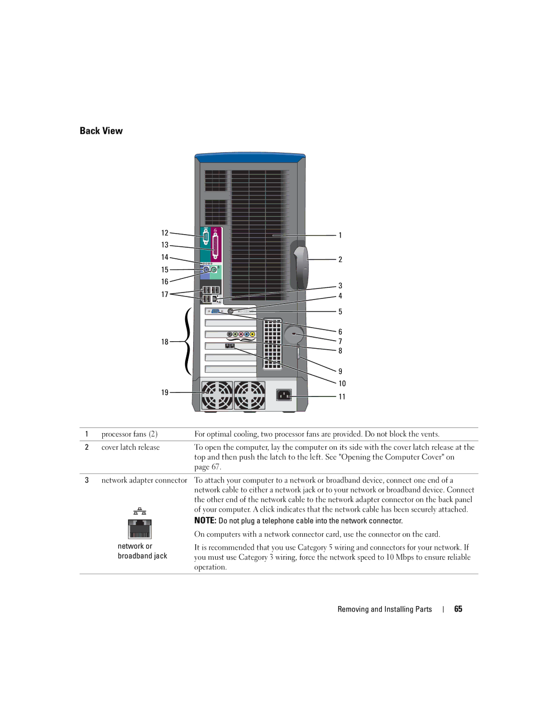 Dell XPS GEN 3 manual Back View 