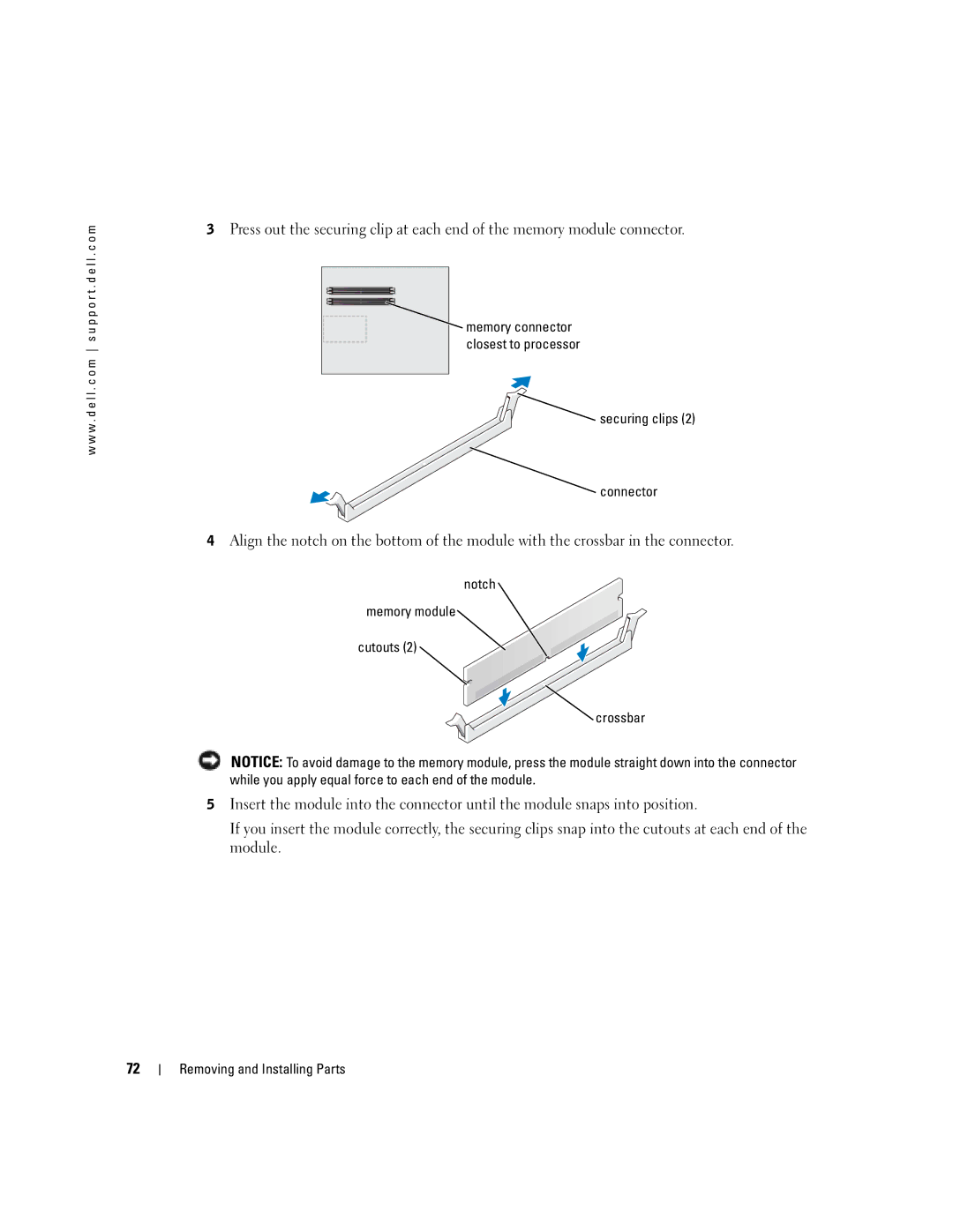 Dell XPS GEN 3 manual Securing clips Connector, Notch Memory module Cutouts Crossbar 