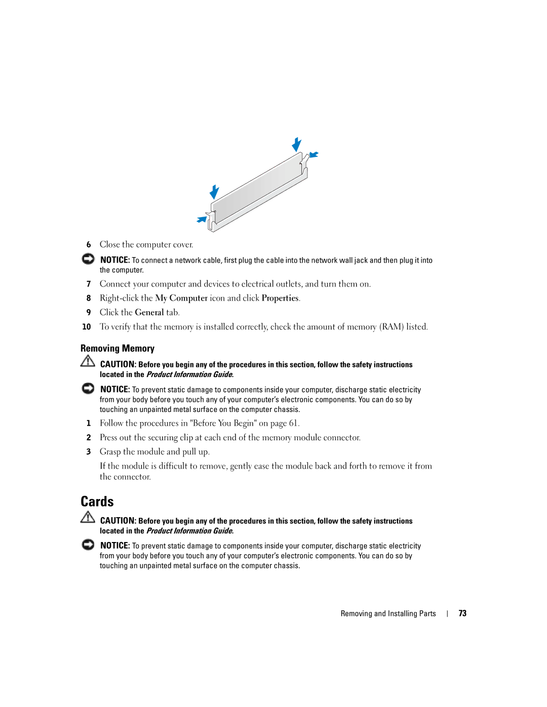 Dell XPS GEN 3 manual Cards, Removing Memory 