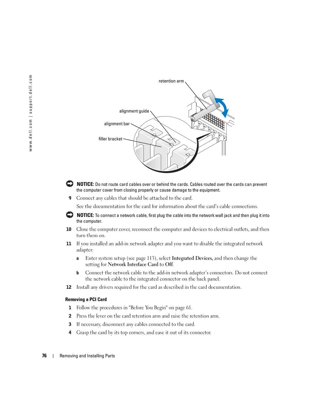 Dell XPS GEN 3 manual Removing a PCI Card, Retention arm Alignment guide Alignment bar Filler bracket 