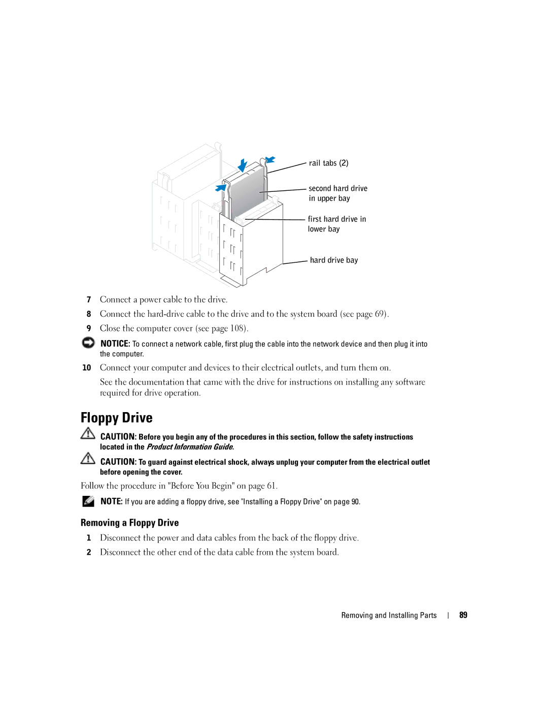 Dell XPS GEN 3 manual Removing a Floppy Drive, Rail tabs, First hard drive in lower bay Hard drive bay 