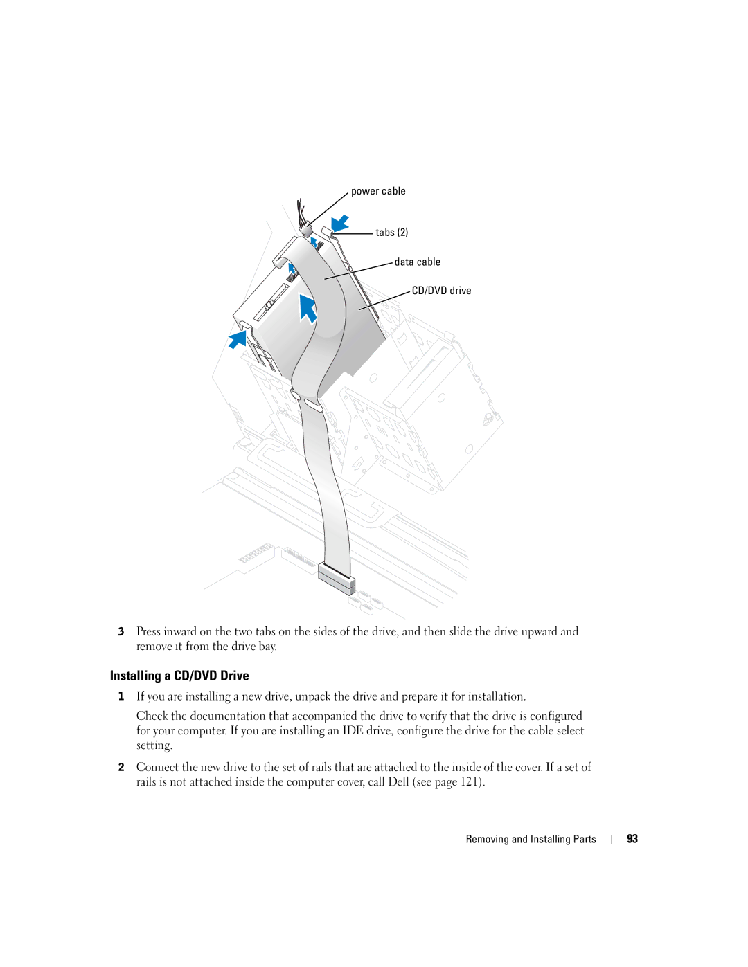 Dell XPS GEN 3 manual Installing a CD/DVD Drive, Power cable Tabs Data cable CD/DVD drive 