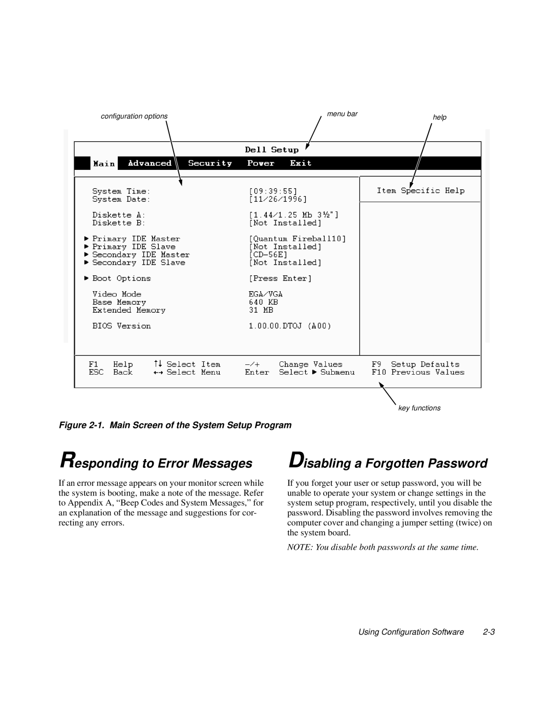 Dell XPS H233 manual Responding to Error Messages, Disabling a Forgotten Password 