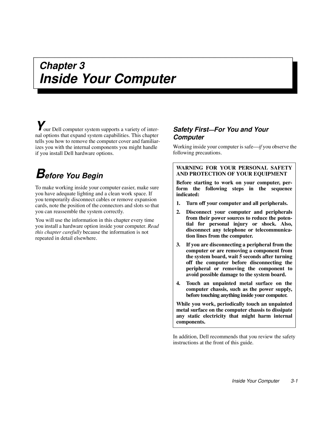 Dell XPS H233 manual Inside Your Computer, Before You Begin, Safety First- For You and Your Computer 