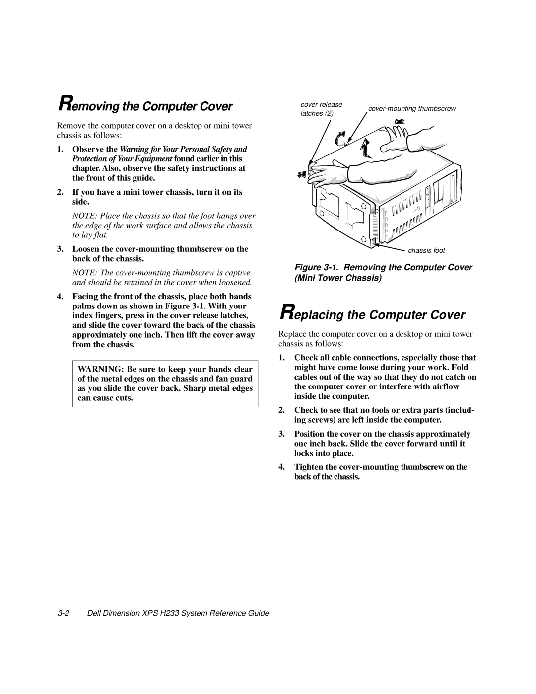 Dell XPS H233 manual Removing the Computer Cover, Replacing the Computer Cover 