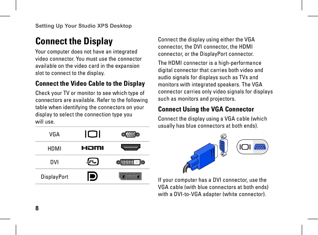 Dell XPS setup guide Connect the Display, Connect Using the VGA Connector 