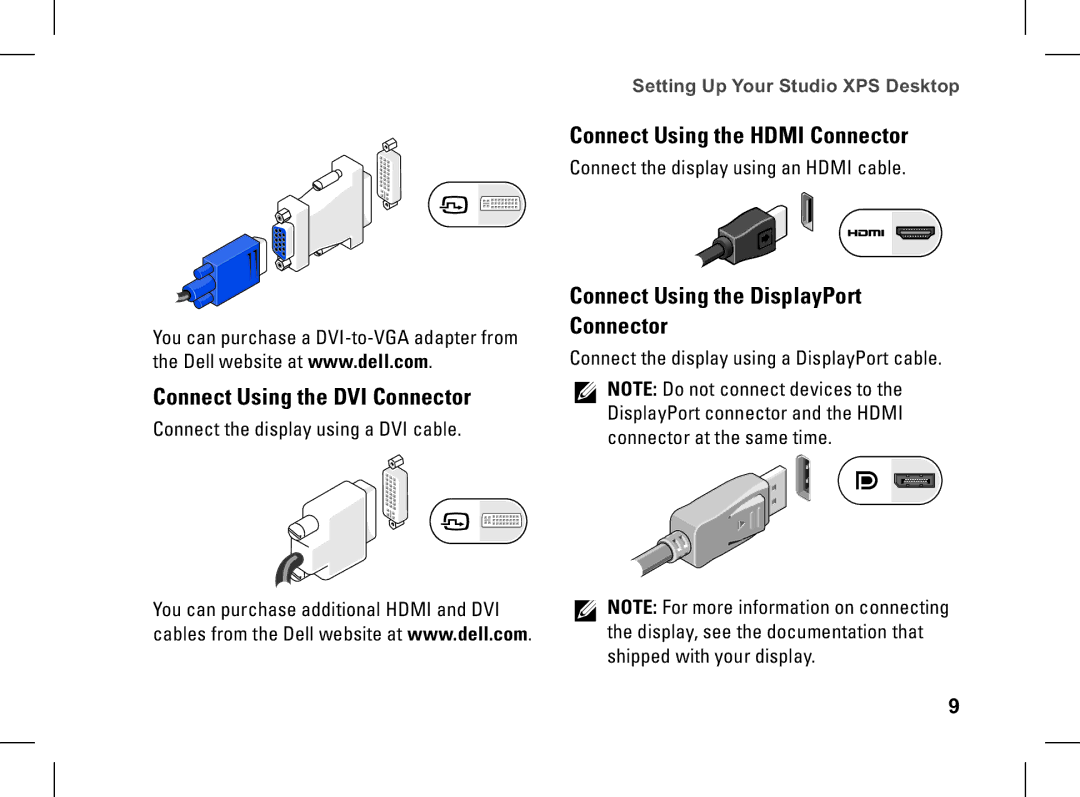 Dell XPS Connect Using the DVI Connector, Connect Using the Hdmi Connector, Connect Using the DisplayPort Connector 