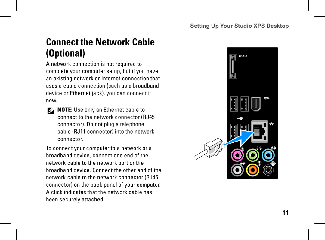 Dell XPS setup guide Connect the Network Cable Optional 