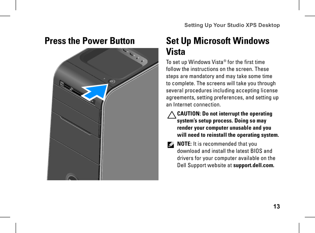 Dell XPS setup guide Press the Power Button, Vista 