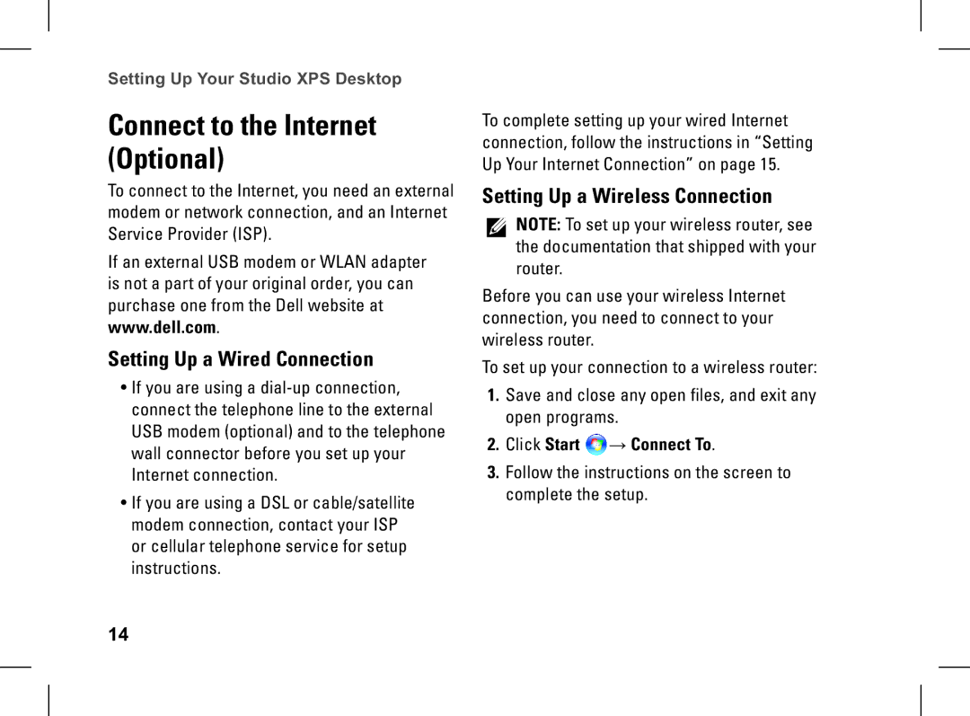 Dell XPS setup guide Connect to the Internet Optional, Setting Up a Wired Connection, Setting Up a Wireless Connection 