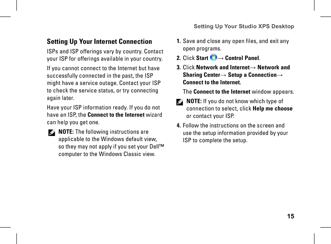 Dell XPS setup guide Setting Up Your Internet Connection, Click Start → Control Panel 