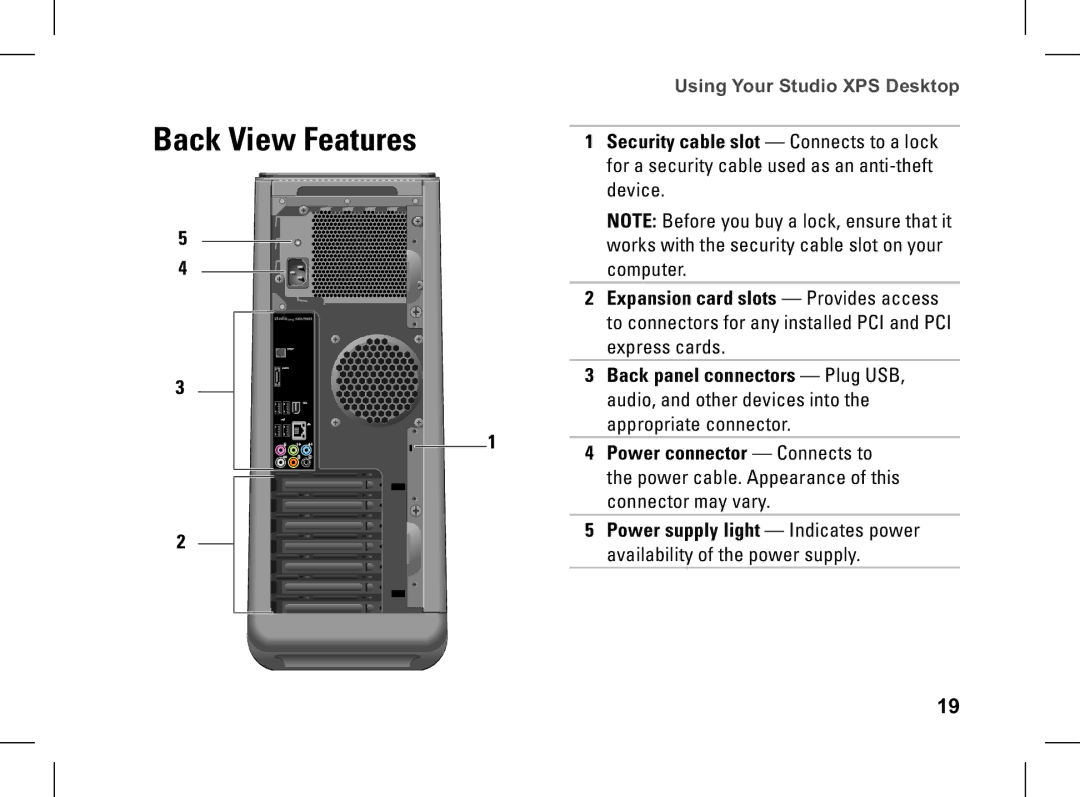 Dell XPS setup guide Back panel connectors Plug USB, Power connector Connects to, Power supply light Indicates power 