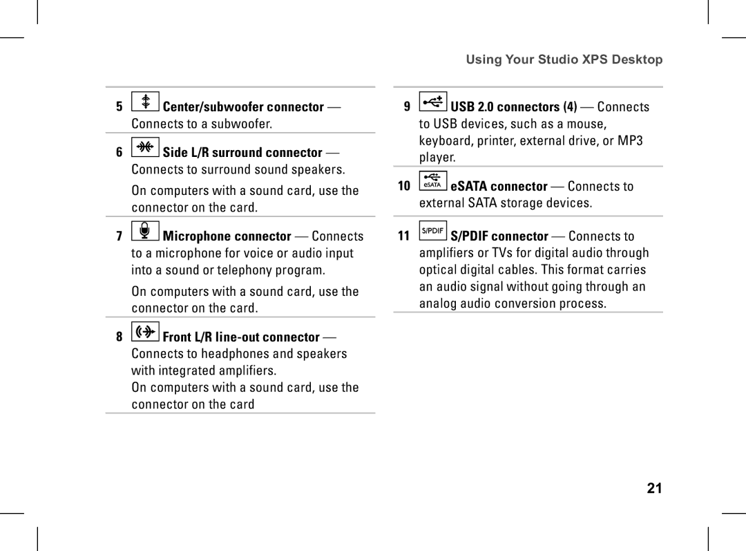 Dell XPS setup guide Center/subwoofer connector Connects to a subwoofer 