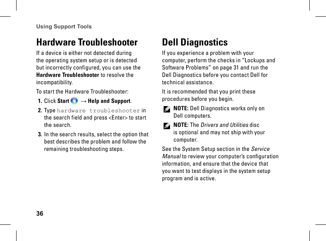 Dell XPS setup guide Hardware Troubleshooter, Dell Diagnostics, Click Start → Help and Support 