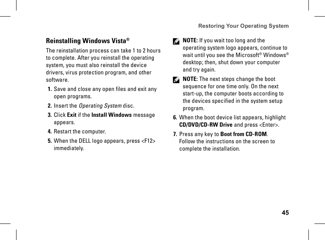 Dell XPS setup guide Reinstalling Windows Vista, Click Exit if the Install Windows message appears 