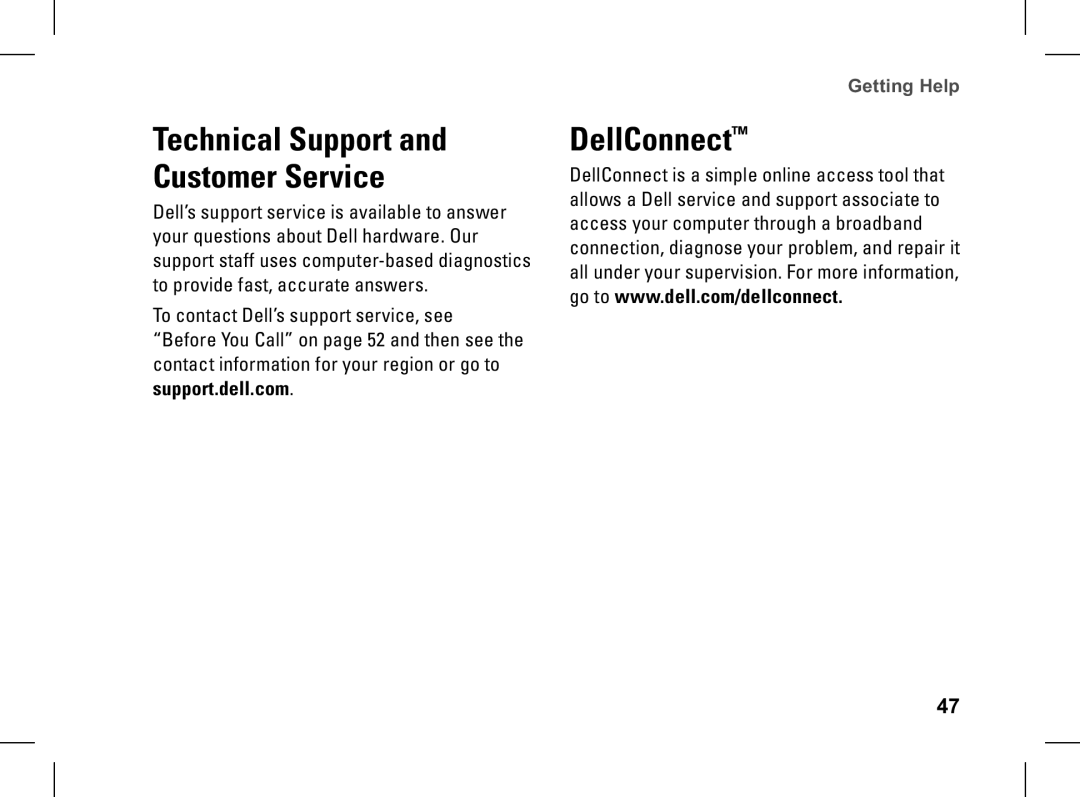 Dell XPS setup guide DellConnect, Technical Support and Customer Service 