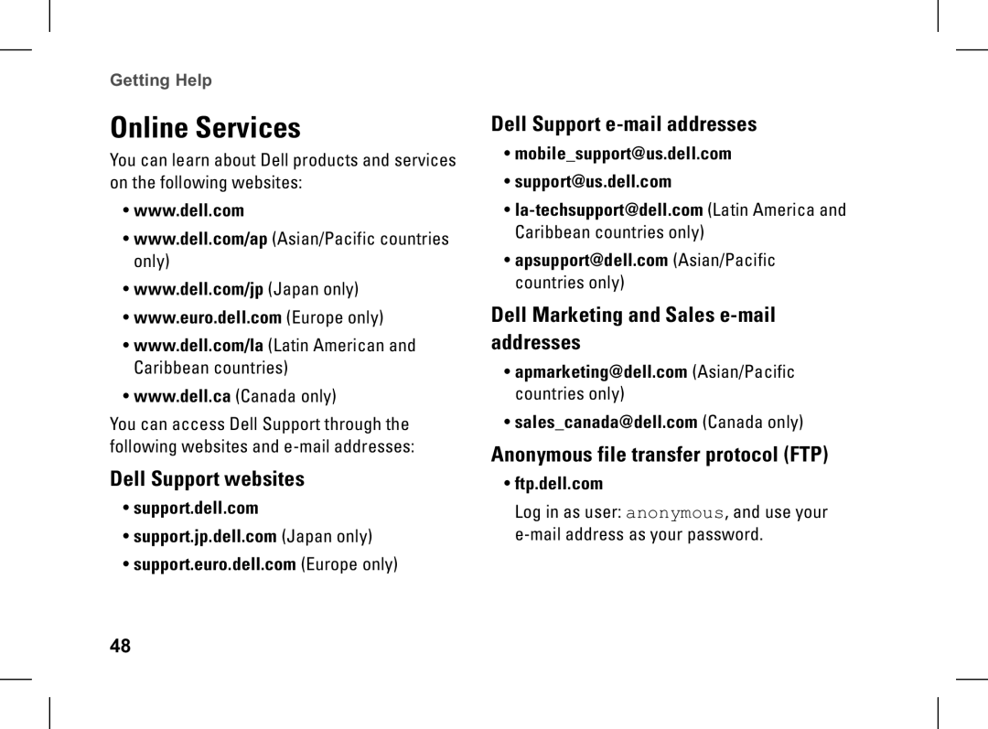 Dell XPS setup guide Online Services, Dell Support websites, Dell Support e-mail addresses, Ftp.dell.com 