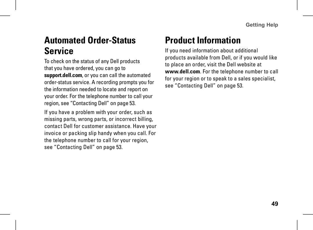 Dell XPS setup guide Product Information, Automated Order-Status Service 