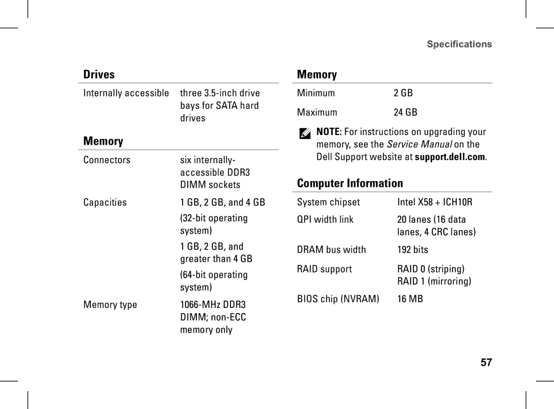 Dell XPS setup guide Memory, Computer Information 