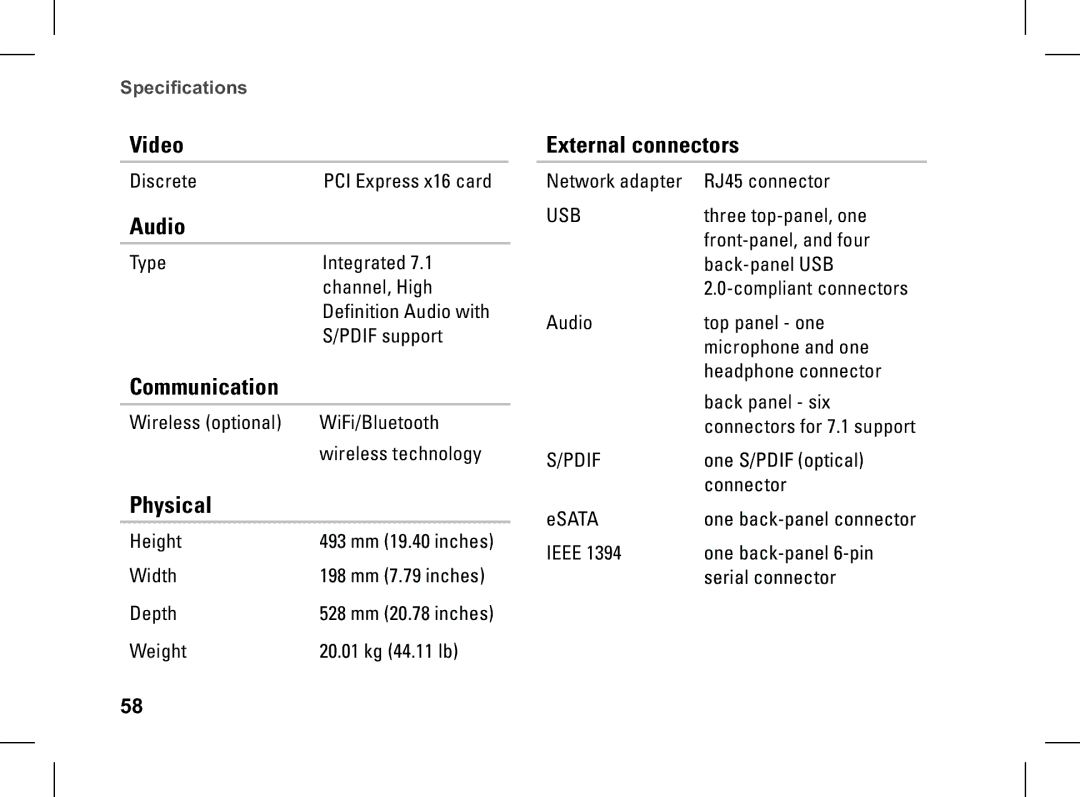 Dell XPS setup guide Video, Audio, Communication, Physical, External connectors 