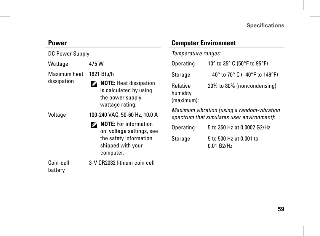 Dell XPS setup guide Power, Computer Environment 