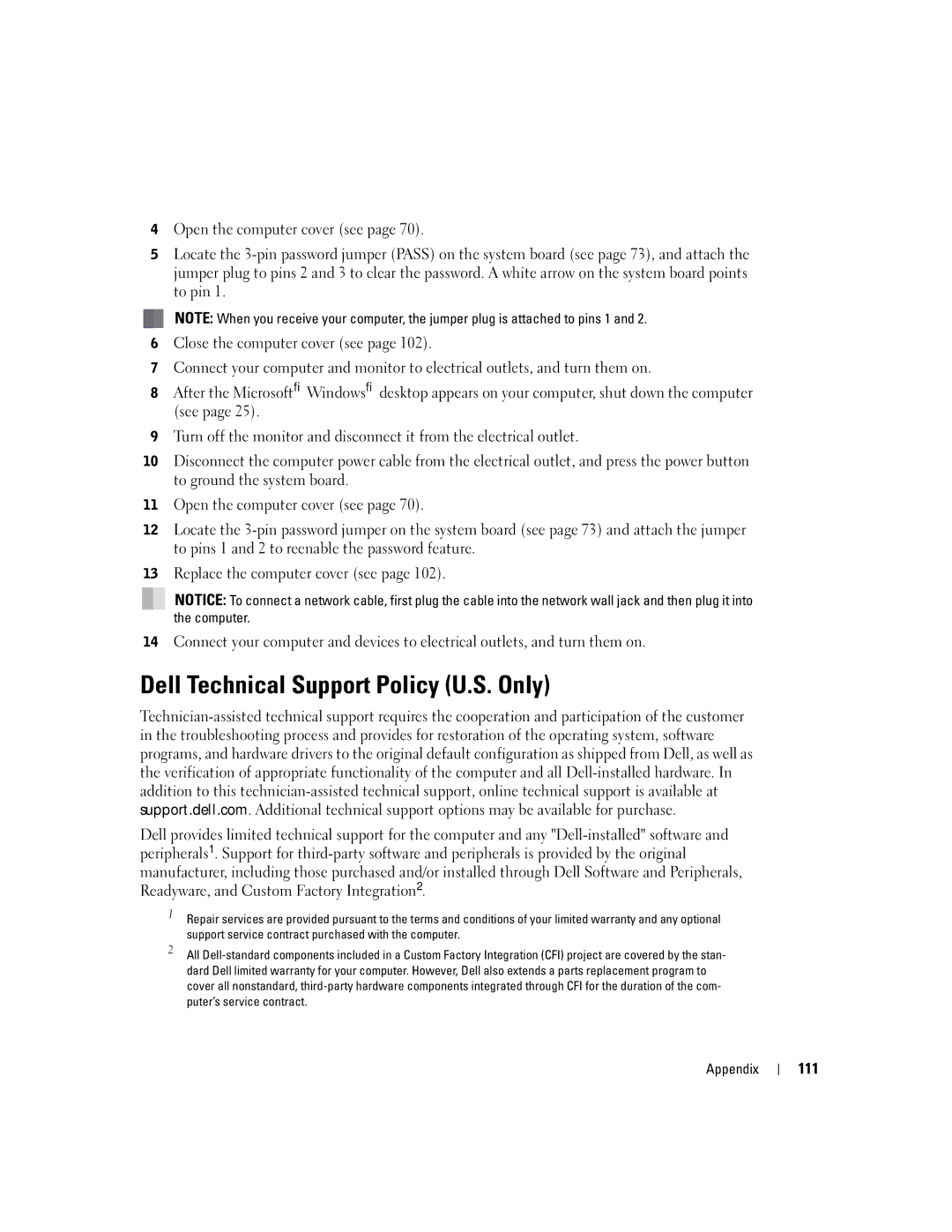 Dell XPS manual Dell Technical Support Policy U.S. Only, 111 