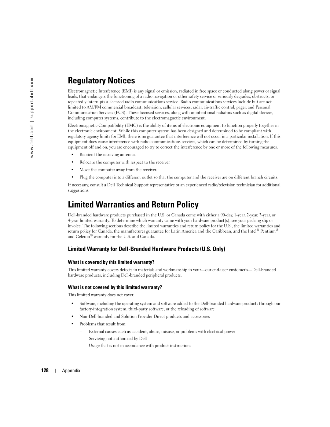 Dell XPS manual Regulatory Notices, Limited Warranties and Return Policy, What is covered by this limited warranty?, 128 